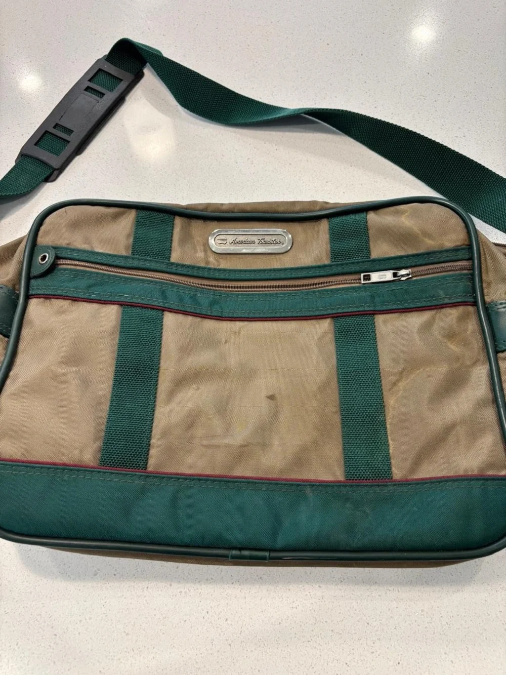 Vtg American Tourister Canvas Messenger Travel Shoulder Bag Khaki #E33